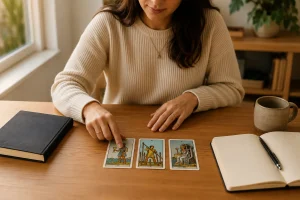 Three tarot cards arranged from left to right beside a journal