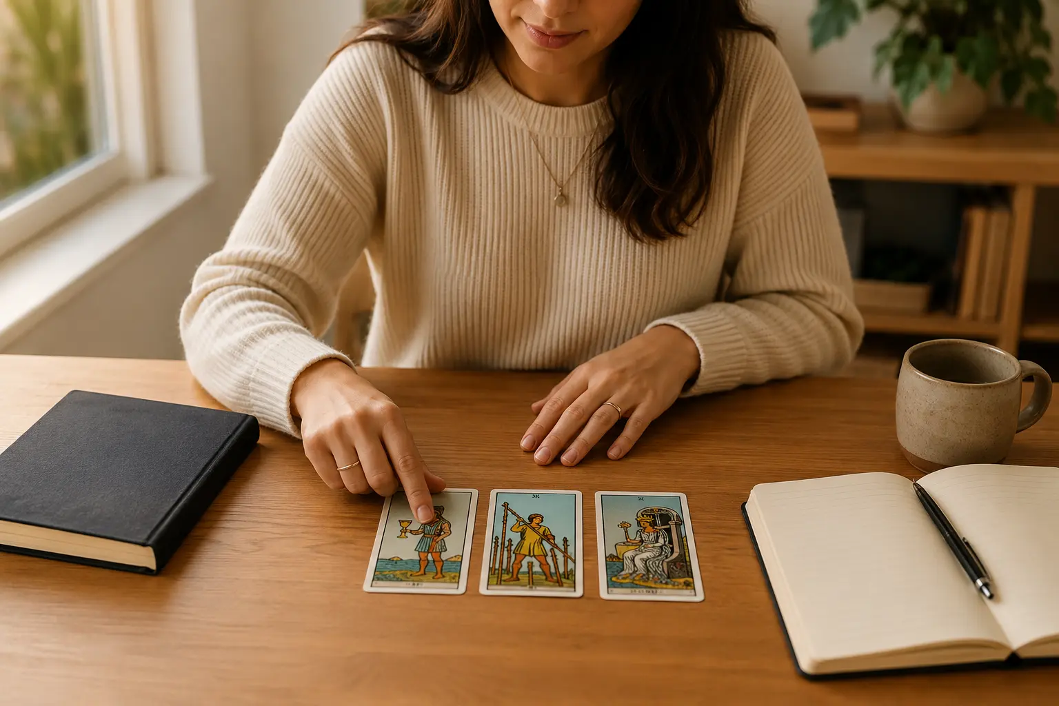 Three tarot cards arranged from left to right beside a journal