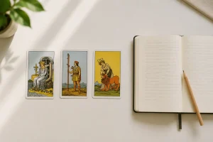 Beginner performing a simple three-card tarot reading at a bright table