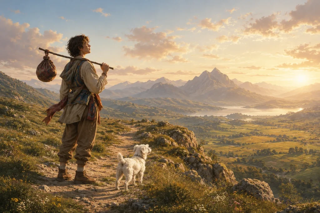 Traveller with a small bag beginning a journey beneath a bright sky