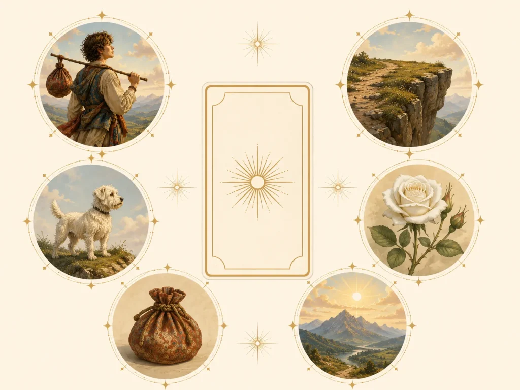 Diagram showing the traveller, cliff, dog, bundle, white rose and mountains associated with The Fool