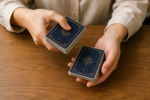 Hands demonstrating an overhand tarot card shuffle