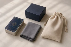 Tarot deck stored beside a soft dry cloth and protective box