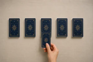 Tarot cards dealt face down into five piles