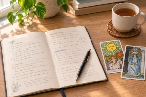 Tarot journal with cards and handwritten observation notes