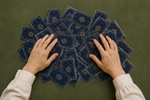 Tarot cards mixed face down across a clean table